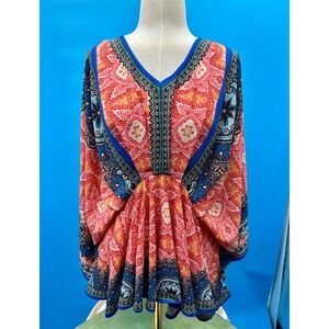 Anthro‎ Flying Tomato Boho Paisley Mandala Kimono Sleeve Peplum Blouse XS